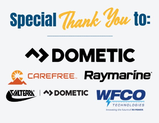 Logos of various sponsors including Dometic, Carefree, Raymarine, Valterra, and WFCO Technologies, with a 'Special Thank You' message.